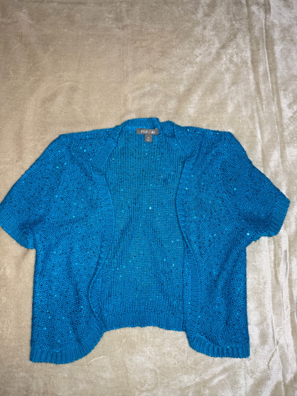 Roz & Ali Women's Turquoise Sequin Knit Bolero Shrug Size M Y2K